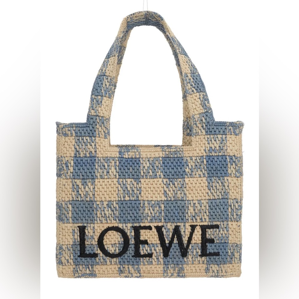 New Loewe Font Medium Checked Raffia Tote
